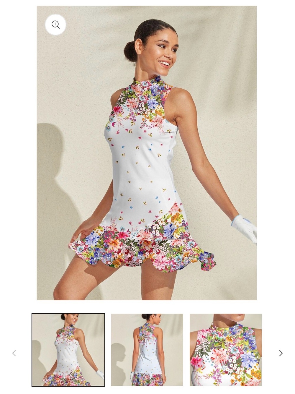 Floral High-Neck Mini Dress in White with Multicolor Bloom